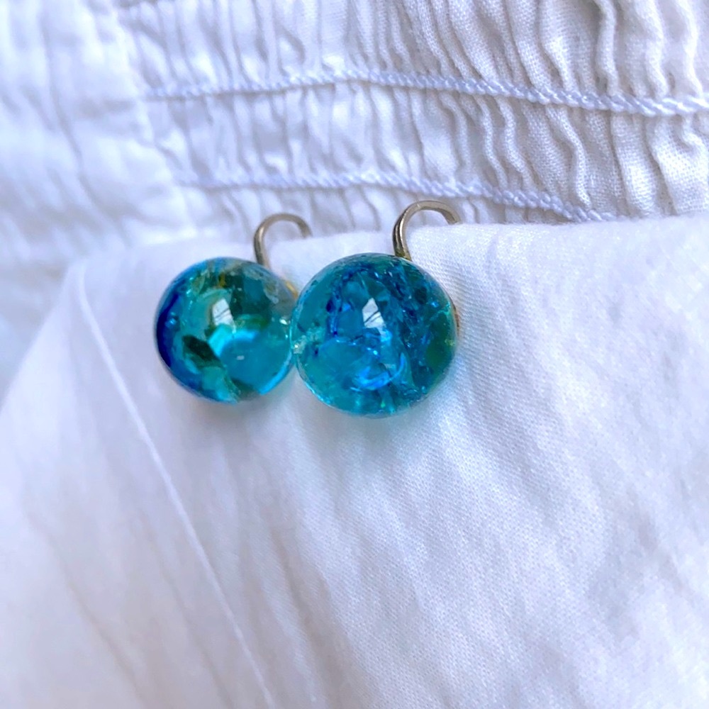 Vintage Earrings Blue Green Cracked Glass